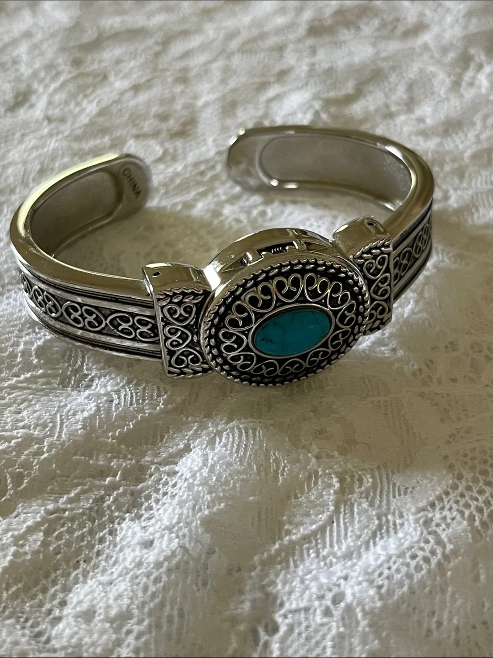 Turquoise Accent Silver-Tone Cuff Bracelet Watch